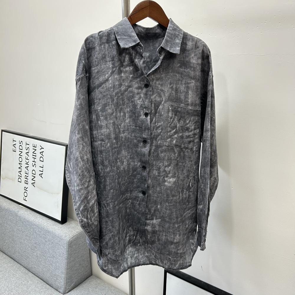 水墨晕染全亚麻【前长72后长80】亚麻衬衫女长袖宽松休闲衬衣