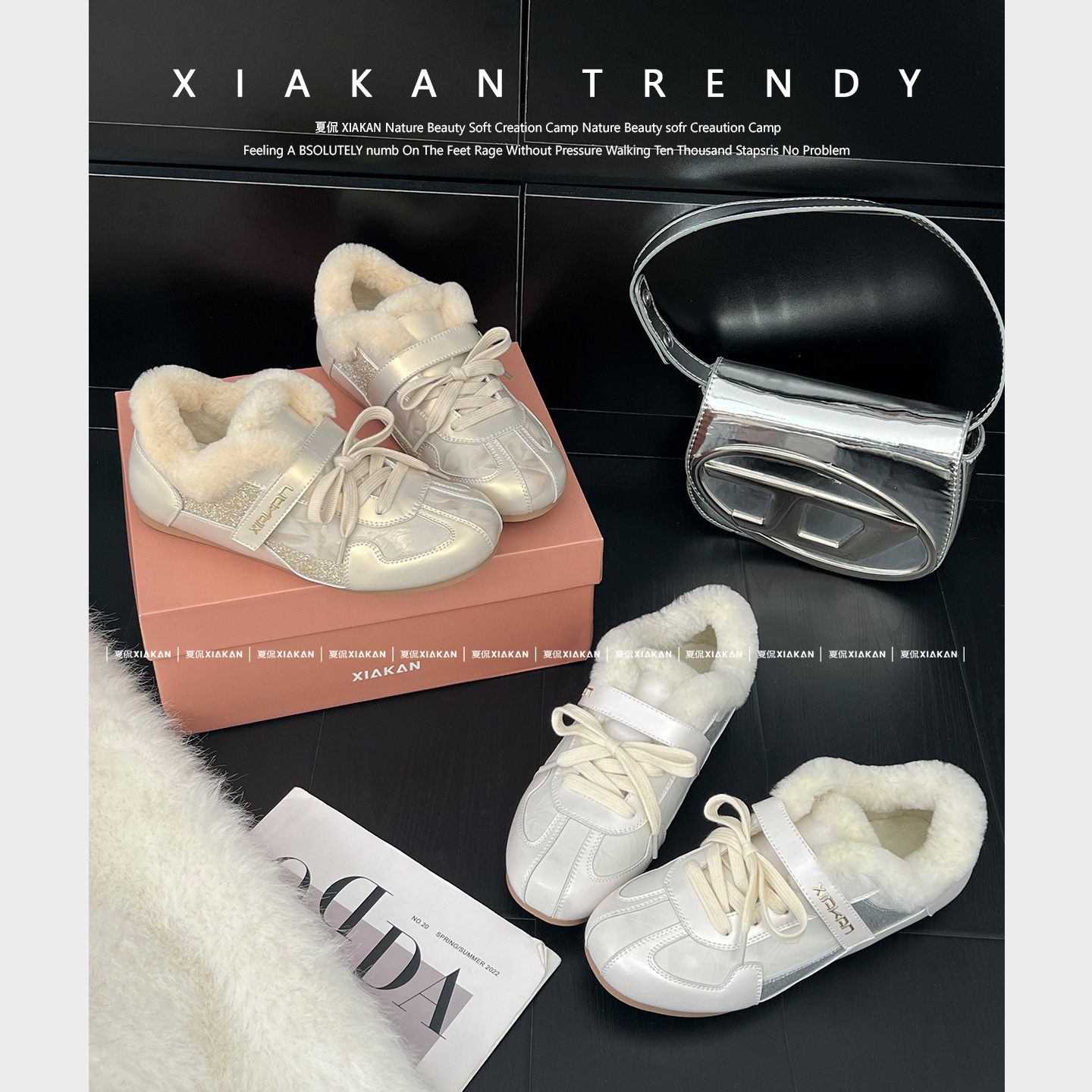 夏侃XIAKAN 3cm内增高魔术贴加绒德训鞋女冬季保暖时尚休闲小白鞋