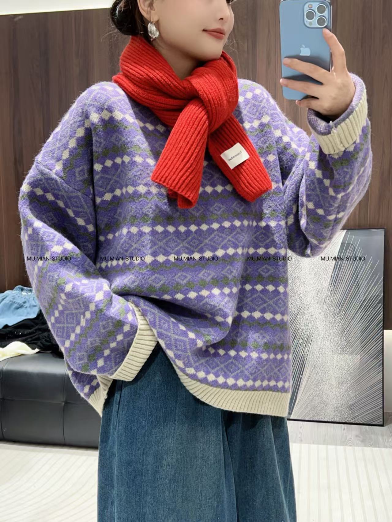 清货！【小格子毛衣】宽松百搭慵懒风 韩版加厚圆领长袖套头针织毛衣