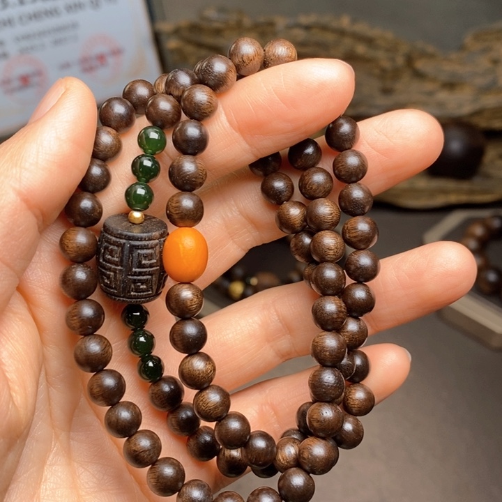 手串沉香越南芽庄黑土0.6➕白棋沉香木雕设计