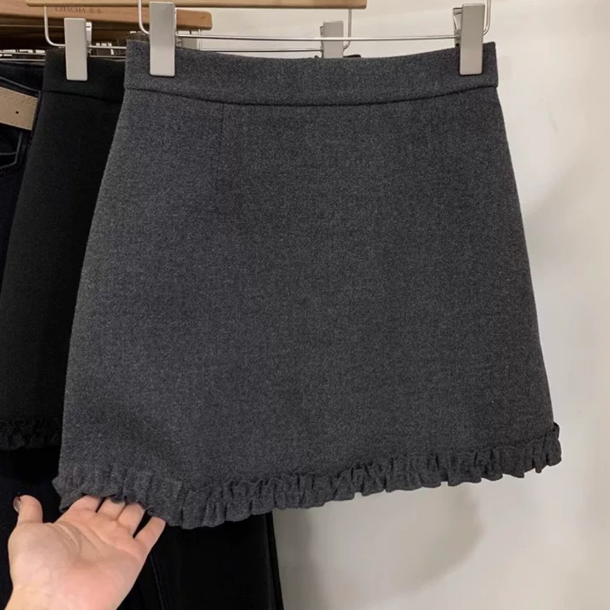 冬季毛呢高腰显瘦A字花边半裙