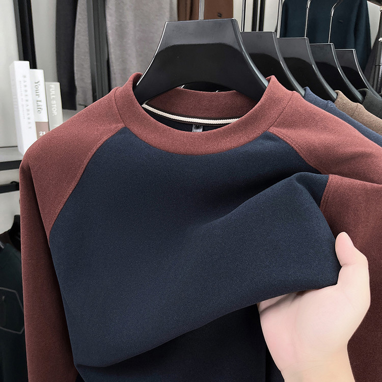 男士秋冬季新款圆领德绒卫衣加厚拼色高克重休闲长袖t恤打底衫潮