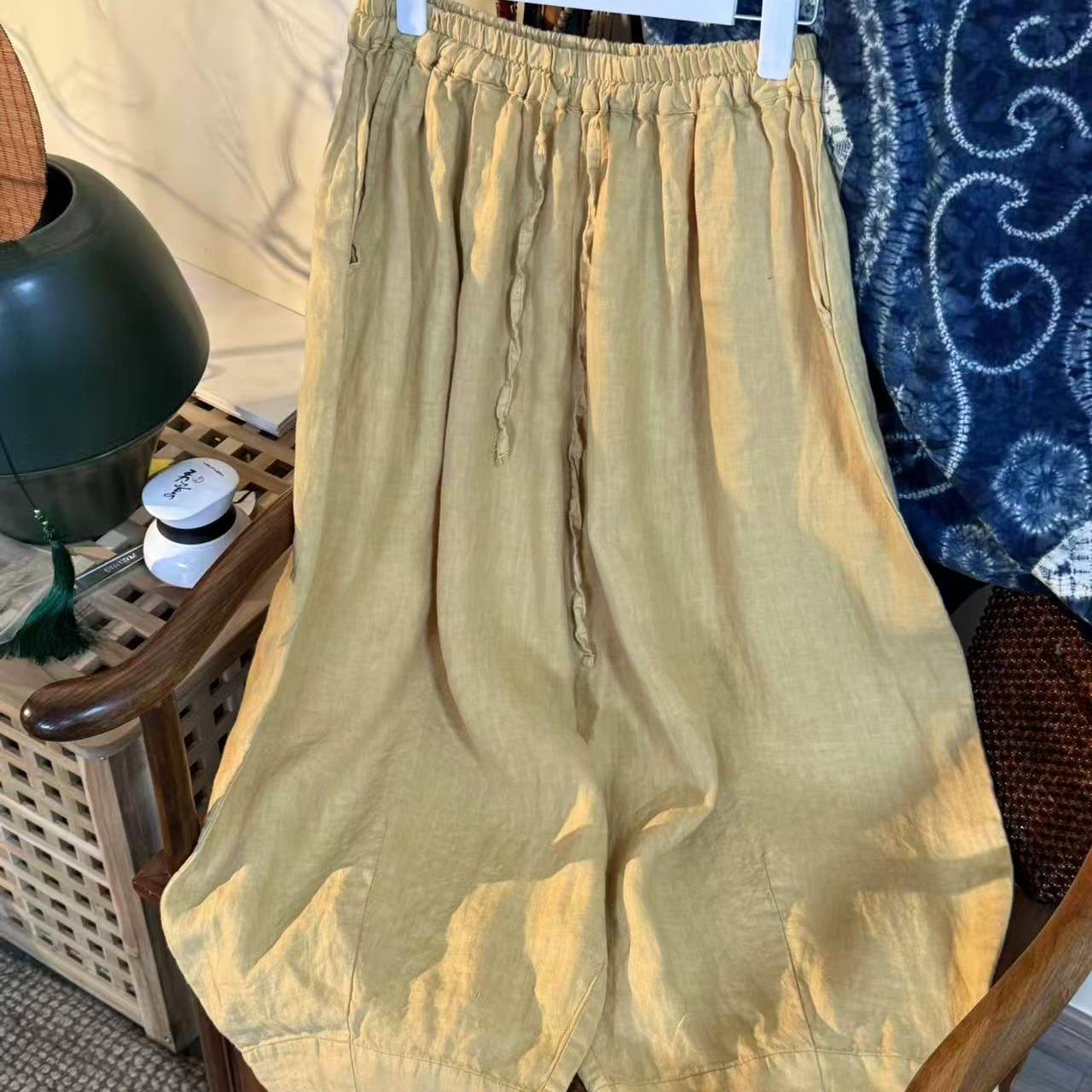 【云目悠悠】夏季女士汉麻多巴胺色系纯色抽绳南瓜裤-2025643