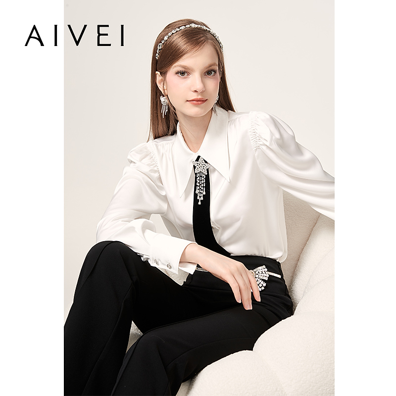 2024年秋季翻领帅气通勤法式简约甜酷大女主OL雪纺衬衫Q0660143