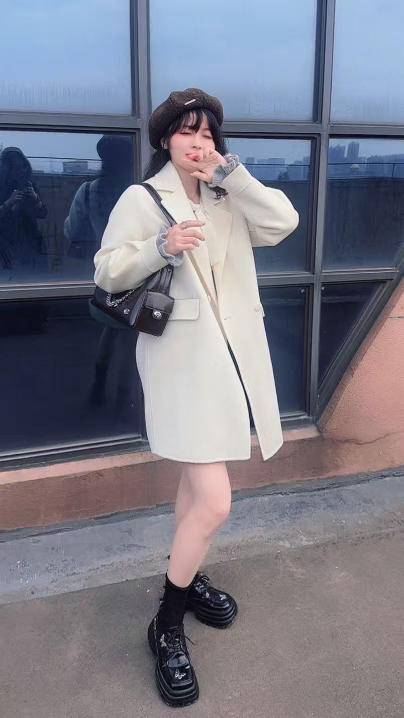 2025中长款韩版双面羊绒西装领小个子毛呢外套毛呢常规款秋冬