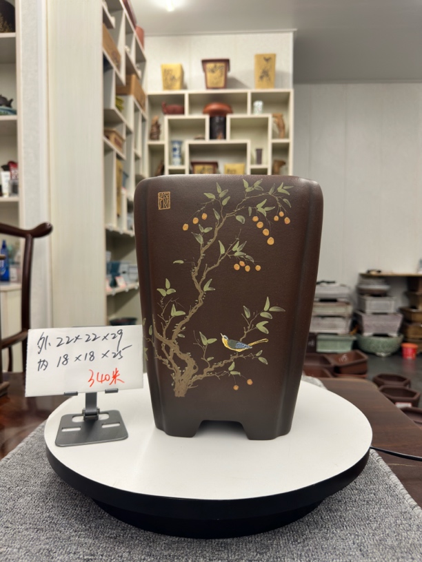精品紫泥仿老做旧 抽角彩绘签筒