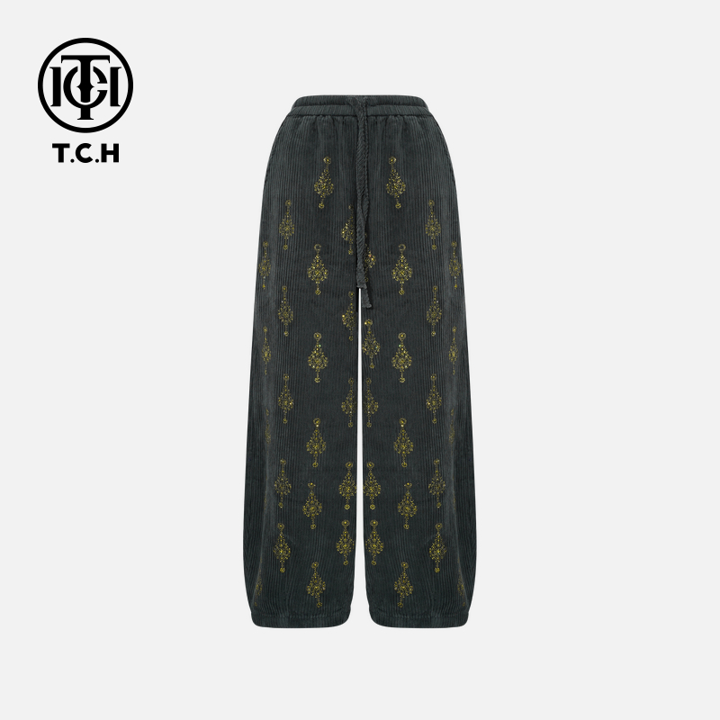 年终大促款TCH冬慵懒风烫钻时尚淑女墨绿色休闲裤T75D20E1033