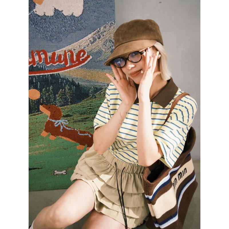 HELLOTANGO《柠檬慕斯》夏季复古条纹撞色不规则poloT恤65084#