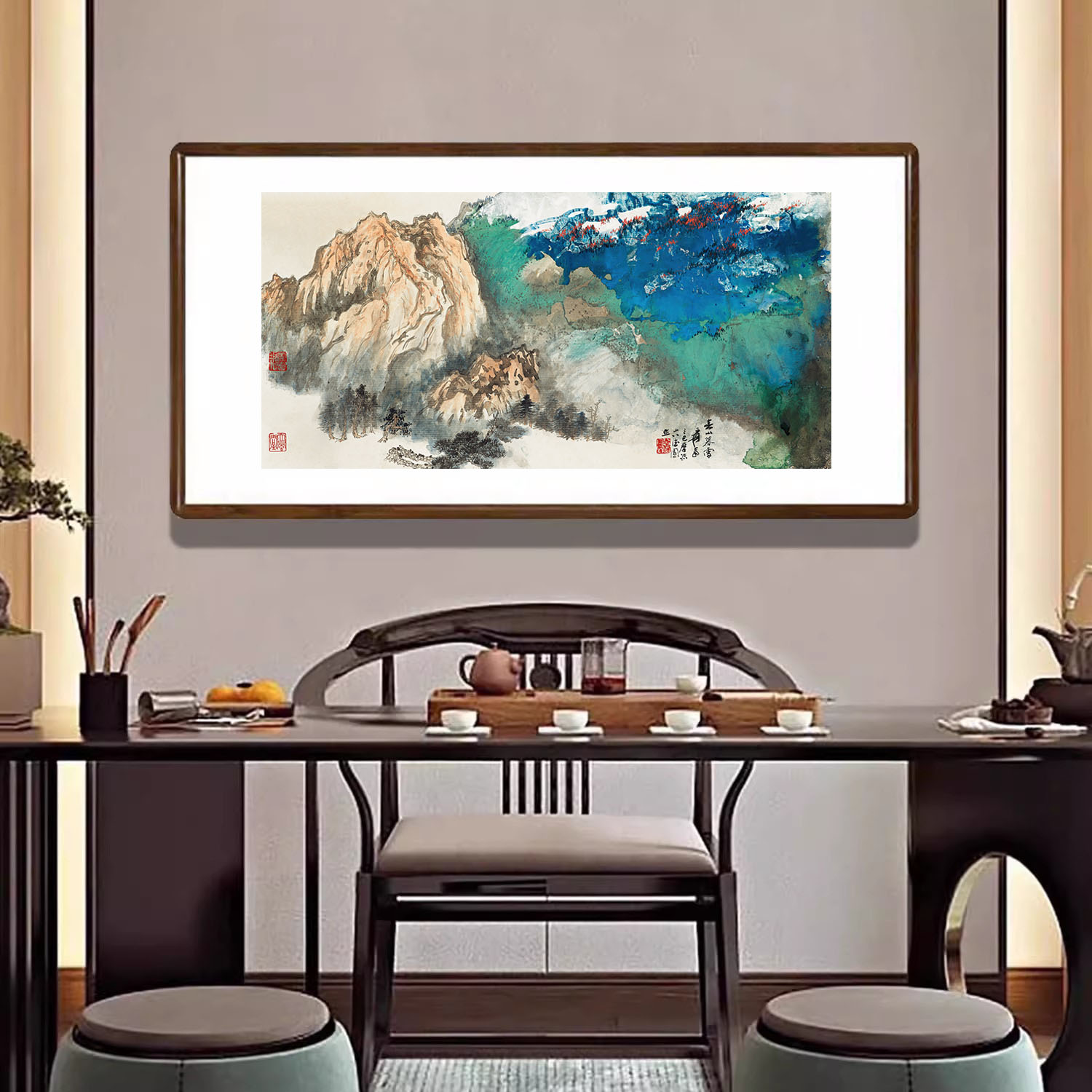 名人字画泼彩山水画新中式客厅装饰画办公室背景墙挂画春山暮雪图