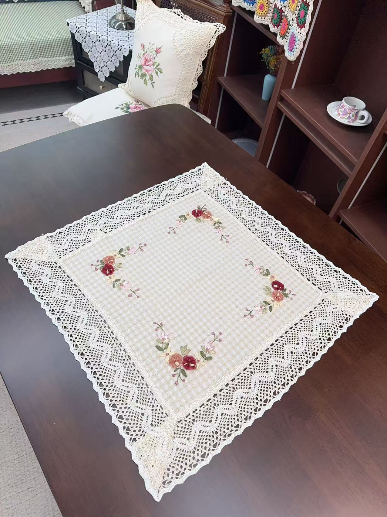 纯手工蜂巢布丝带绣盖巾60*60（两个装）