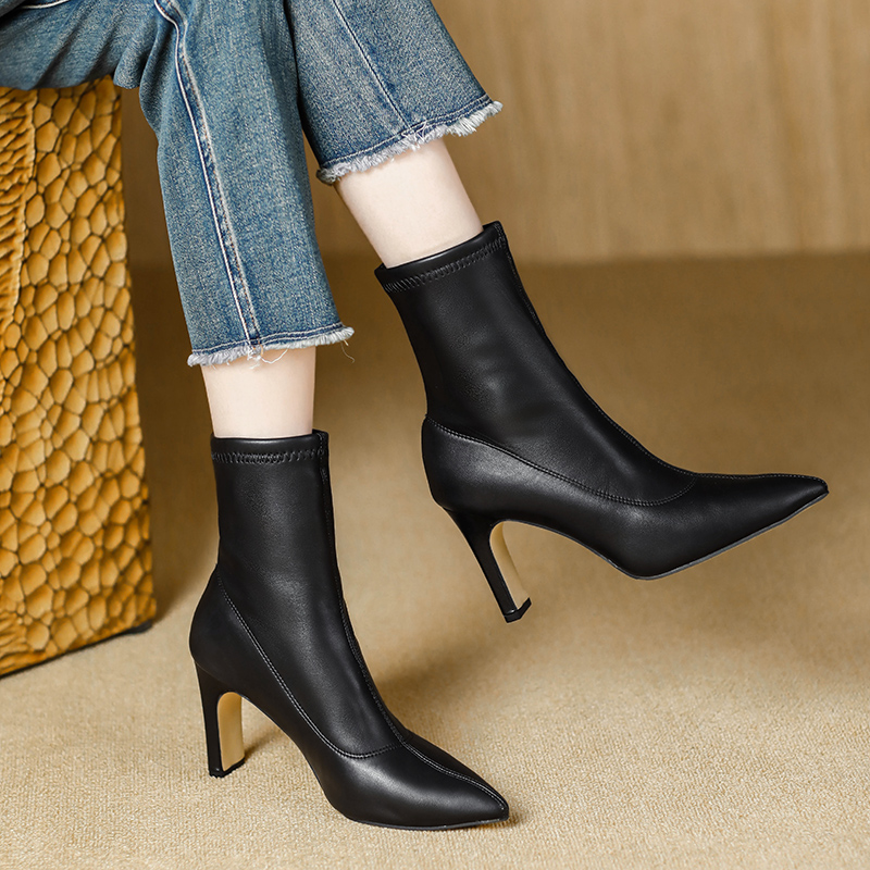 2025秋冬新款单靴高跟粗跟法式跟鞋6-8公分瘦瘦靴短靴黑色时装靴