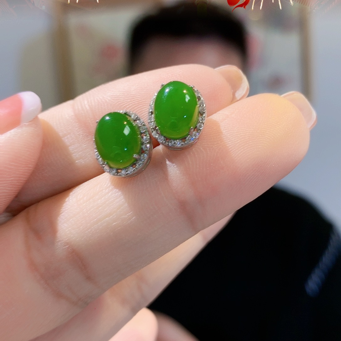 和田玉（碧玉）耳饰银S925镀金镶嵌