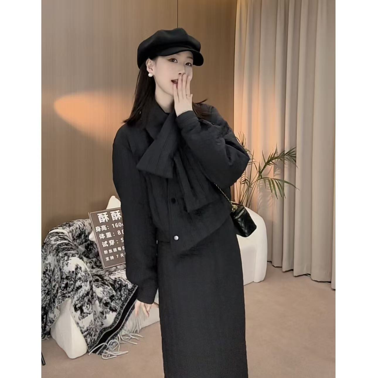 冬季新款小众设计感套装3161夹棉外套+半身裙+围巾通勤三件套