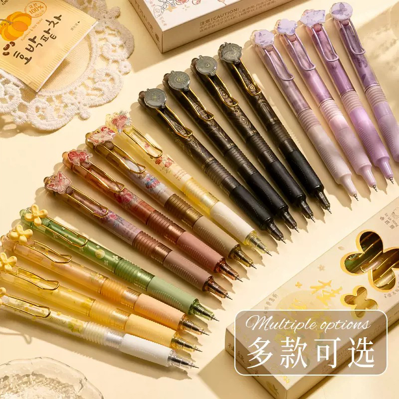 咔巴熊高颜值升级弹簧按动出芯学生中性笔可换替芯软硅胶防滑护套