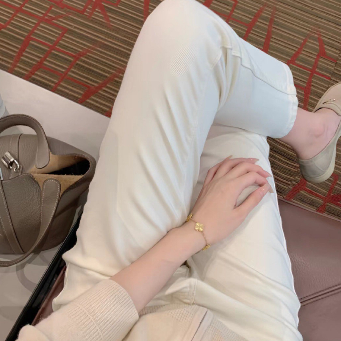 米白弹力直筒牛仔裤2025秋款烟管九分裤