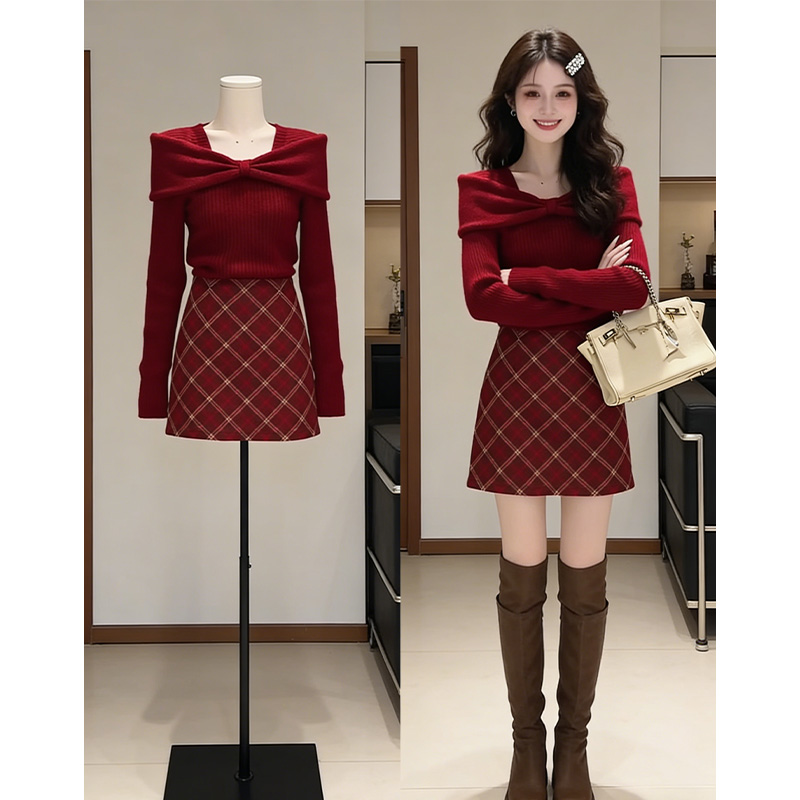 高级感红色针织衫女2026秋冬新款设计感小众内搭打底衫上衣半身裙