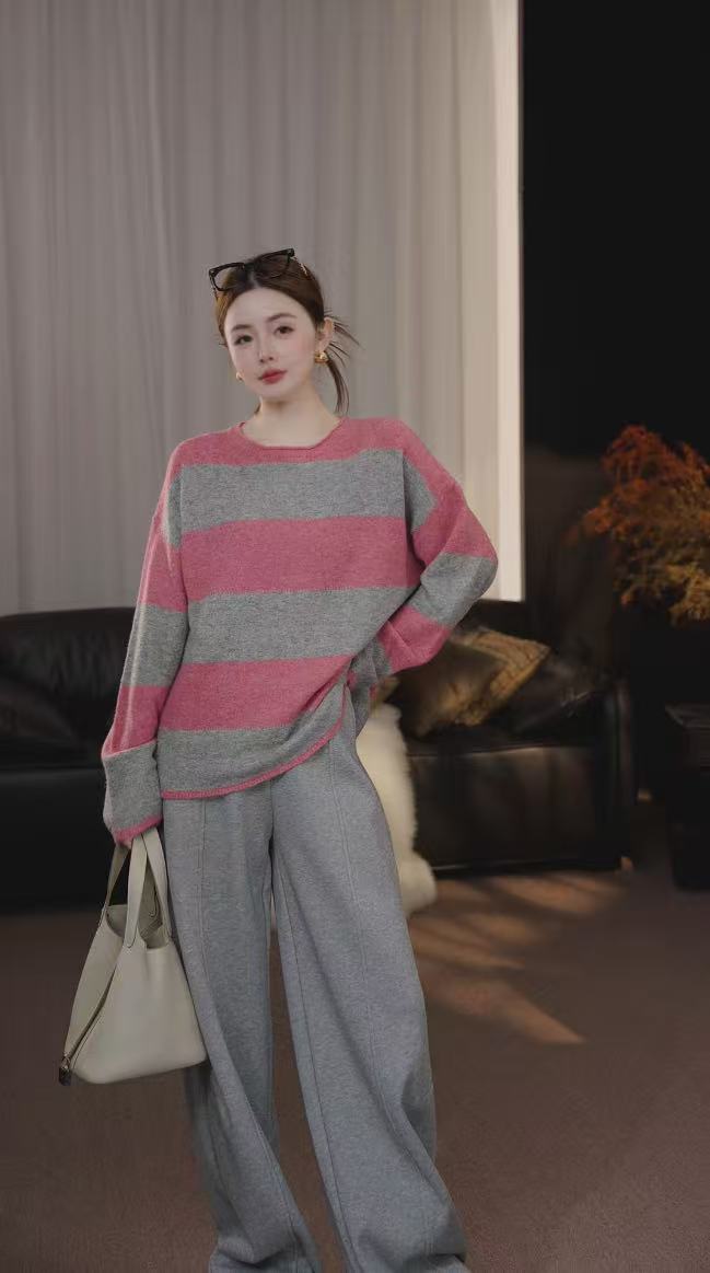 【佳佳】女装上衣针织条纹针织衫厚款圆领毛针织衫女中厚JQ50136