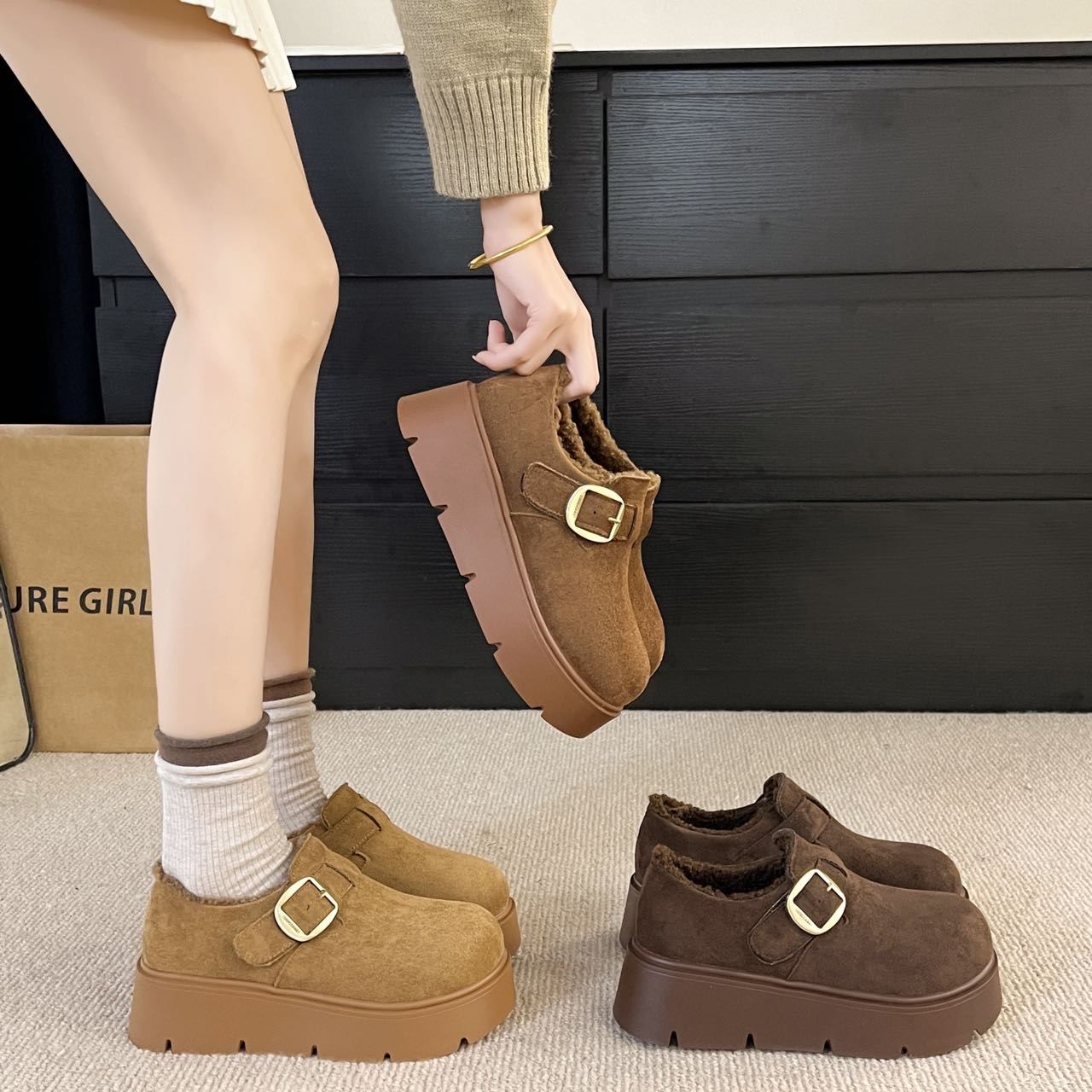 厚底爆款棉鞋女款2025秋冬季加绒懒人一脚蹬勃肯棉鞋  1023