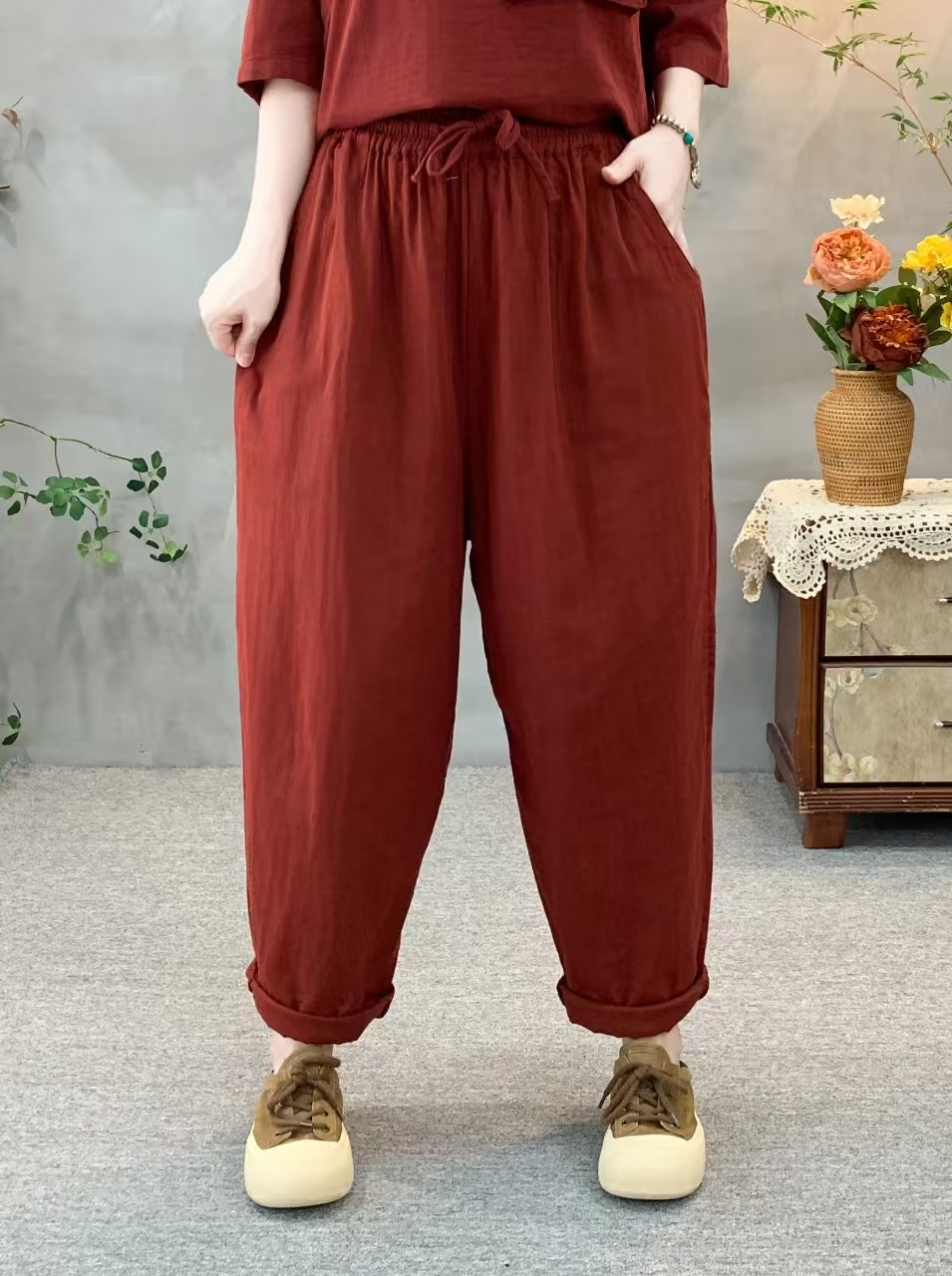 C3197夏季薄款棉纱哈伦裤时尚百搭休闲裤中国风透气复古松紧腰