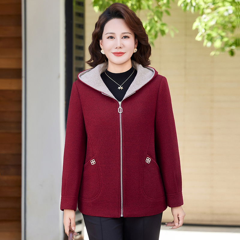 中年妈妈春秋装新款时尚拼色连帽中长外套女2025休闲宽松百搭上衣
