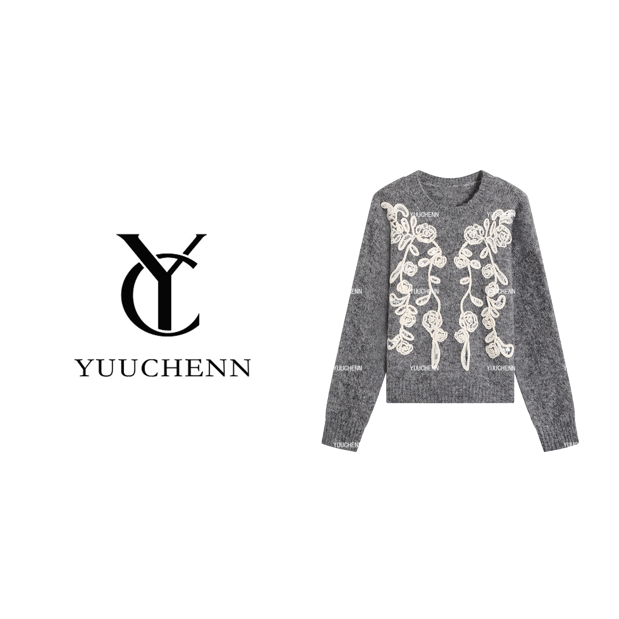 YUUCHENN 圆领刺绣花朵羊毛针织衫女秋冬简约25C-W1151