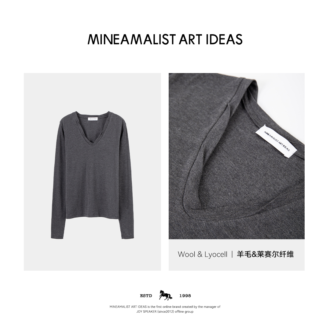 MINEAMALIST ART IDEAS春夏天丝羊毛V领扭扭长袖T恤3230M