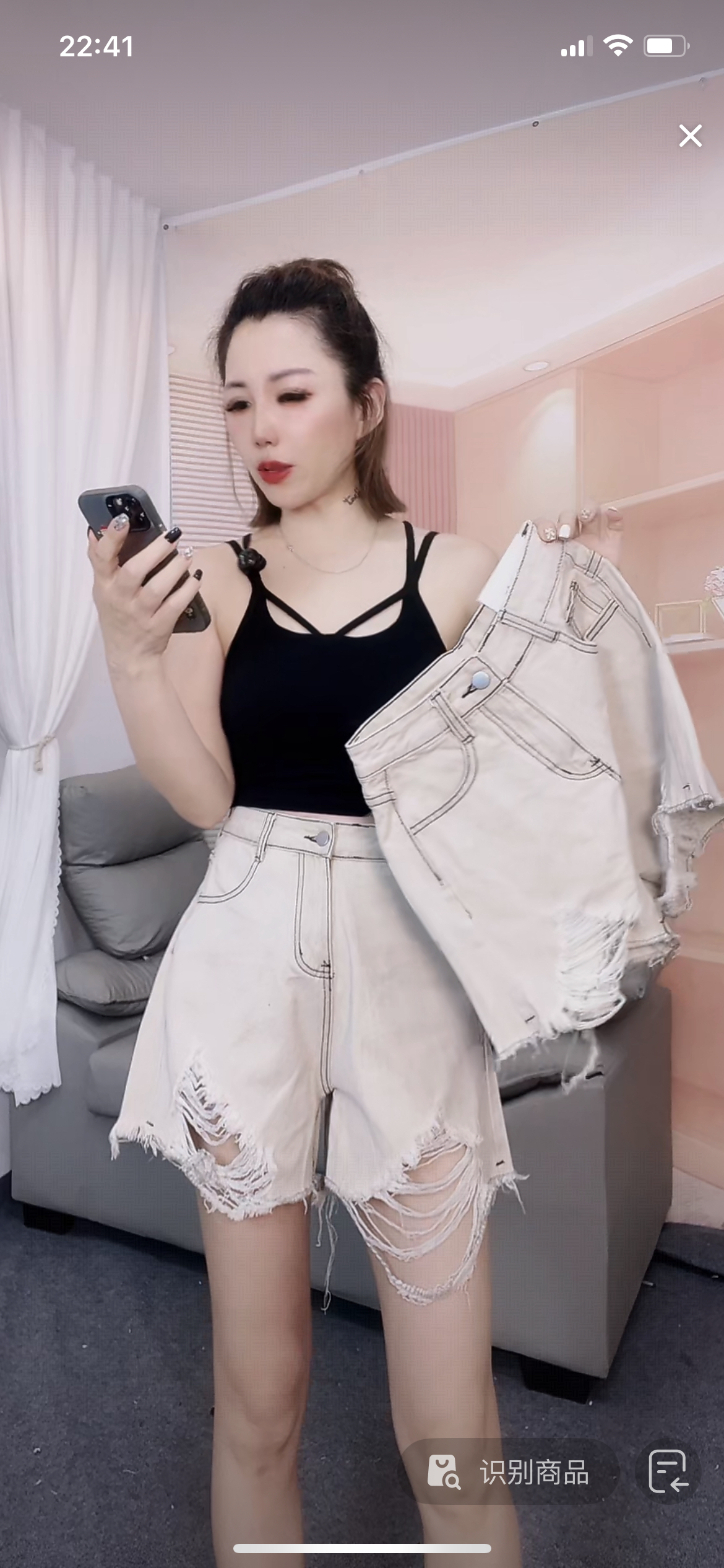 095#高腰米卡色A版牛仔短裤无弹