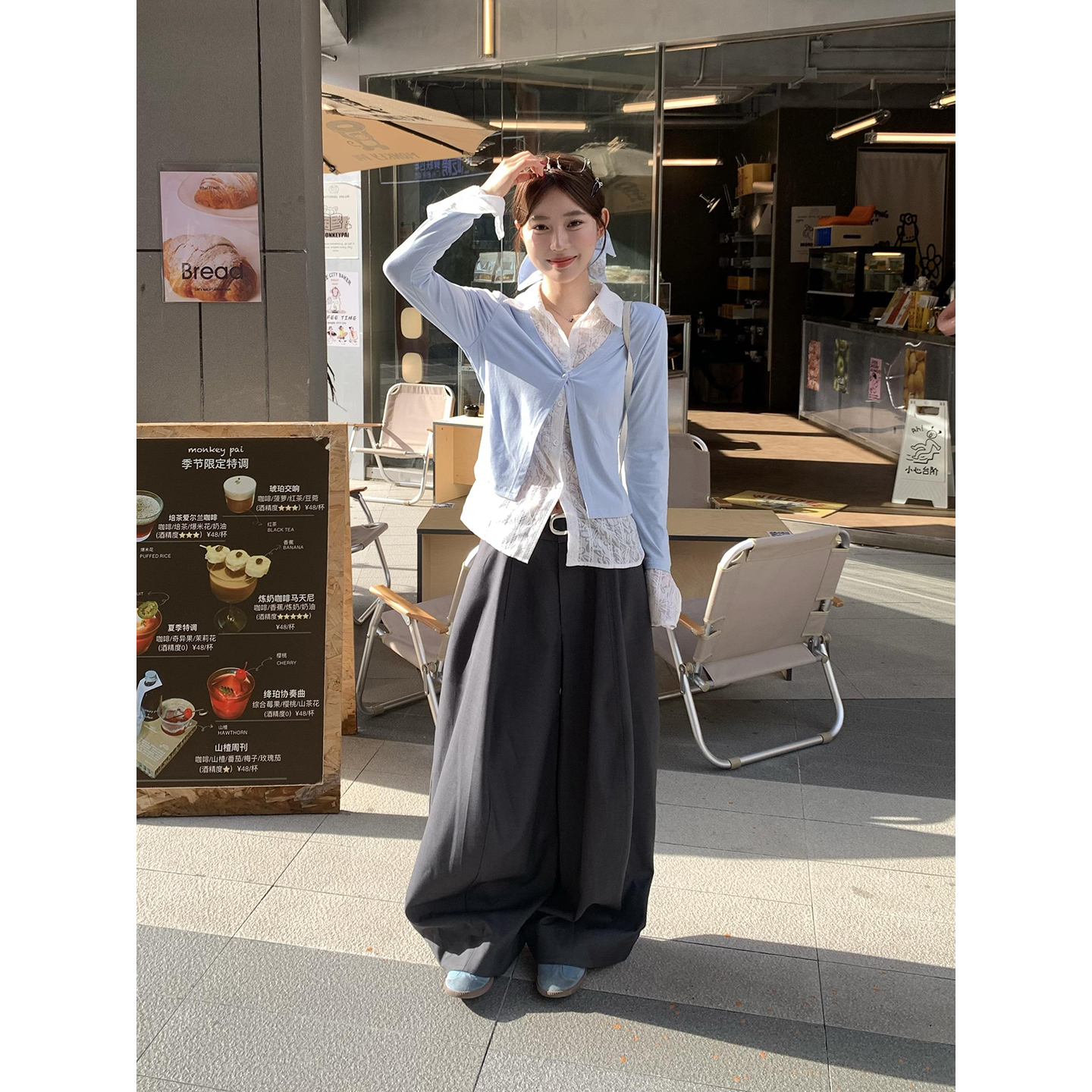 宋正恩【现货清仓】廓形灰色弯刀阔腿休闲裤宽松拖地长裤AAS5540