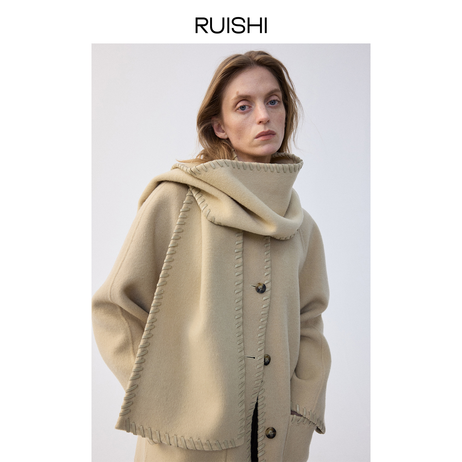 RUISHI芮时100绵羊毛重工落肩短款双面呢大衣外套女冬R24C110203