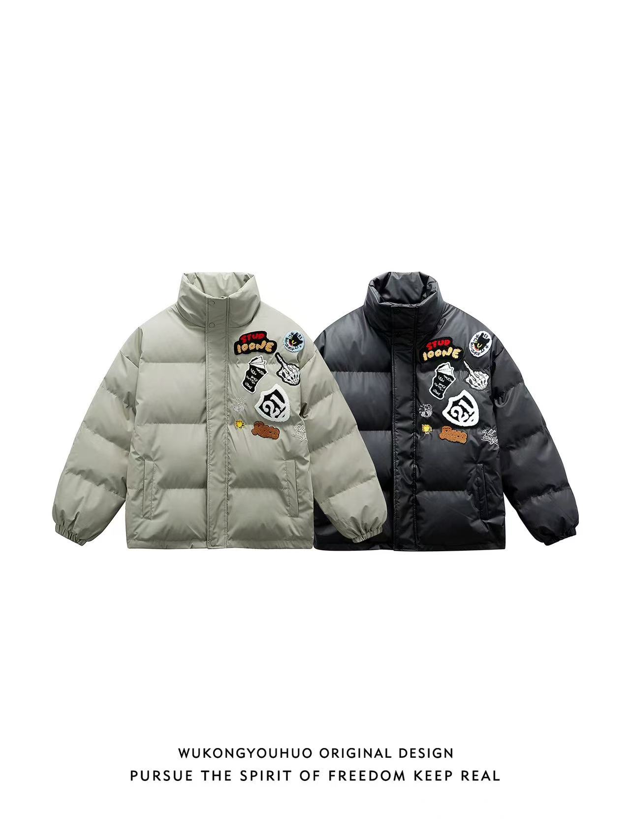 冬季徽章加厚立领棉服男女美式复古情侣保暖百搭棉衣-3329