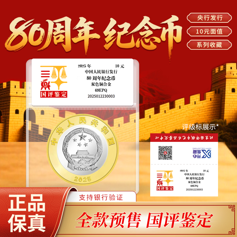 法定货币2025年发行80周年纪念币单枚国评鉴定袋装