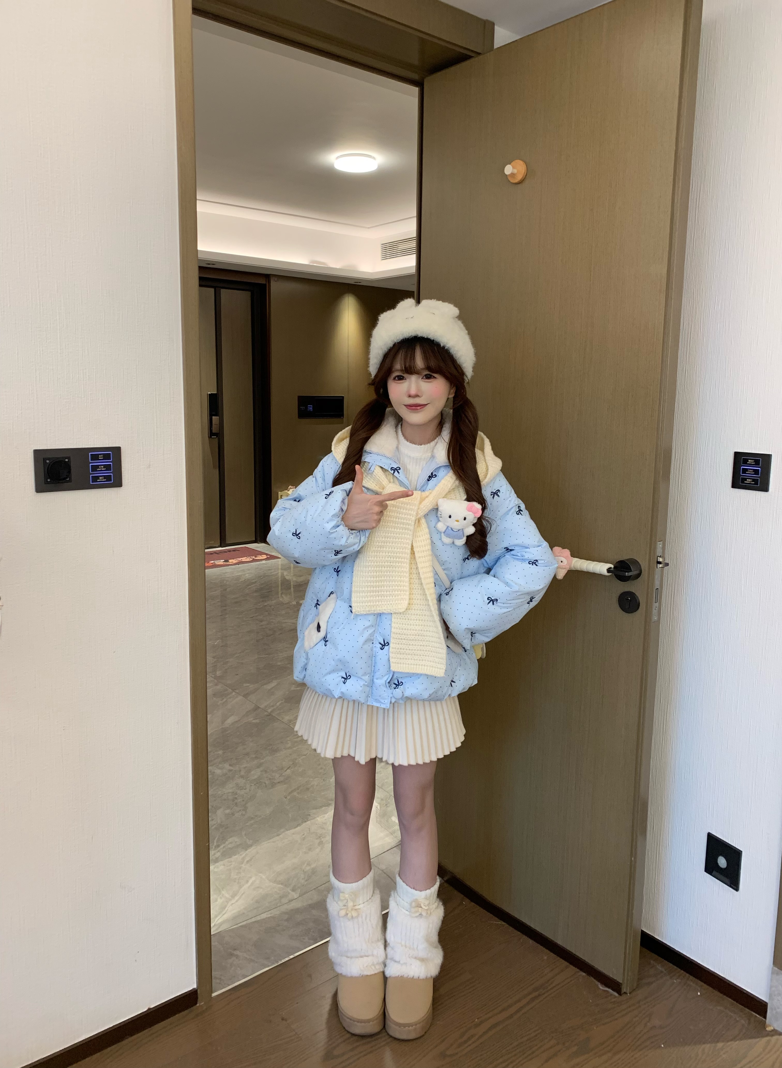 桔梗house 甜心映雪 甜美风baby蓝碎花加厚棉服外套女撞色披肩