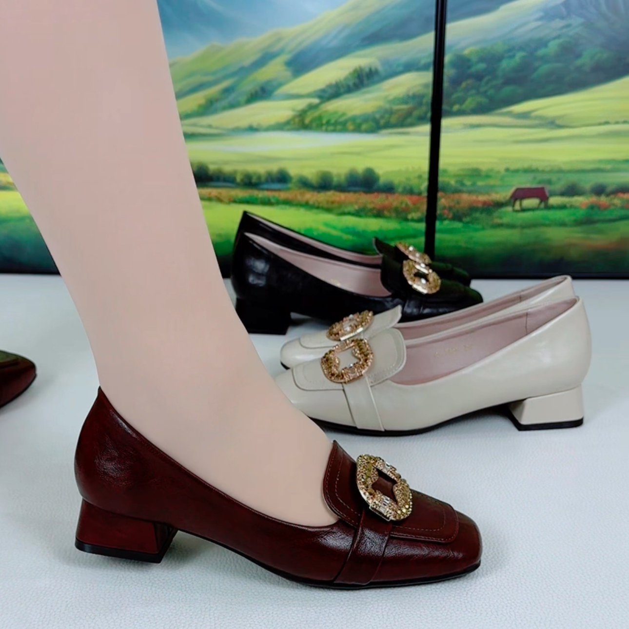 洋气方头皮鞋春季新款工作鞋真皮单鞋2025百搭软皮脚蹬软底低跟鞋