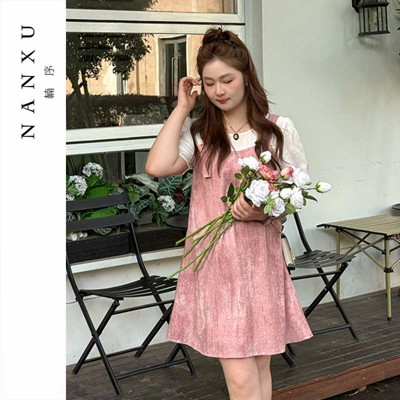 楠序源子微胖女装 拼接假两件夏季连衣裙大码胖mm显瘦遮肉YZ36161