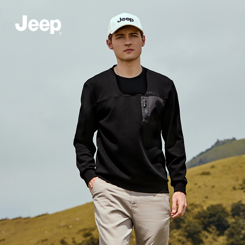 吉普（JEEP）圆领卫衣男春秋季圆领长袖T恤男士宽松休闲衣服男装 