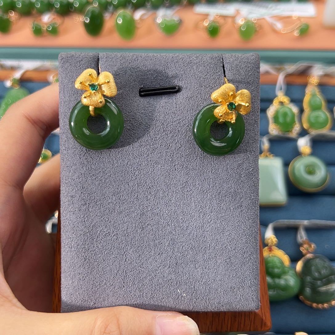 和田玉（碧玉）银S925镶嵌耳饰