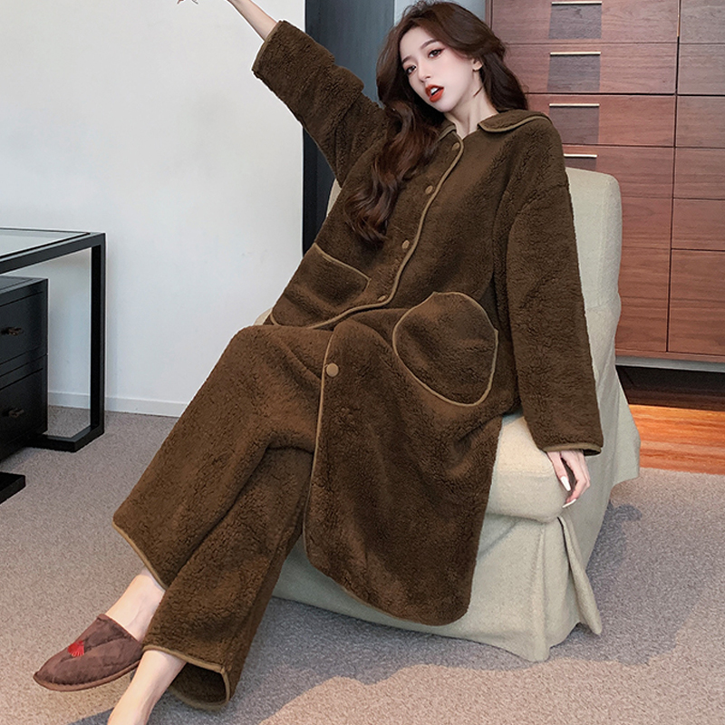 网红爆款2025新款秋冬季睡衣女珊瑚绒加厚加绒睡袍长款家居服套装