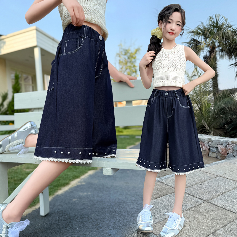 女童短裤夏季薄款中大童6-12岁五分牛仔裤天丝阔腿裤宽松韩版中裤