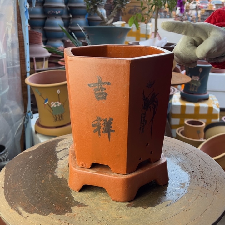 紫砂宜兴紫砂花盆红如意六方小加拖