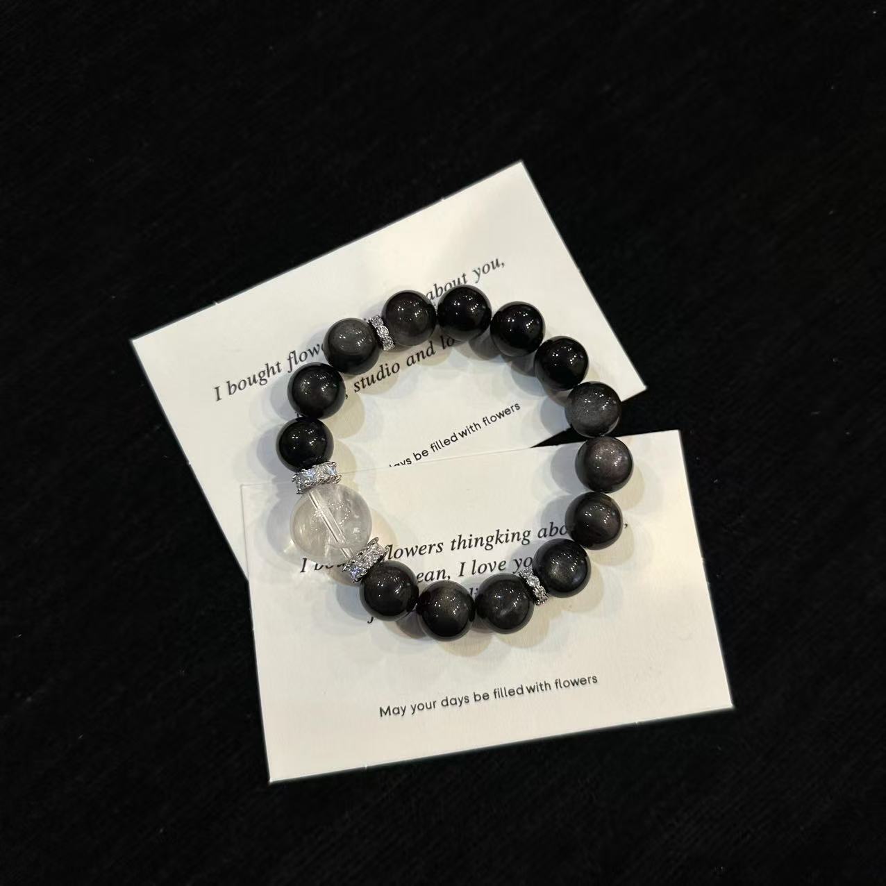 「YIMIMI」天然水晶12mm 银曜石手链x3635 多样性发货