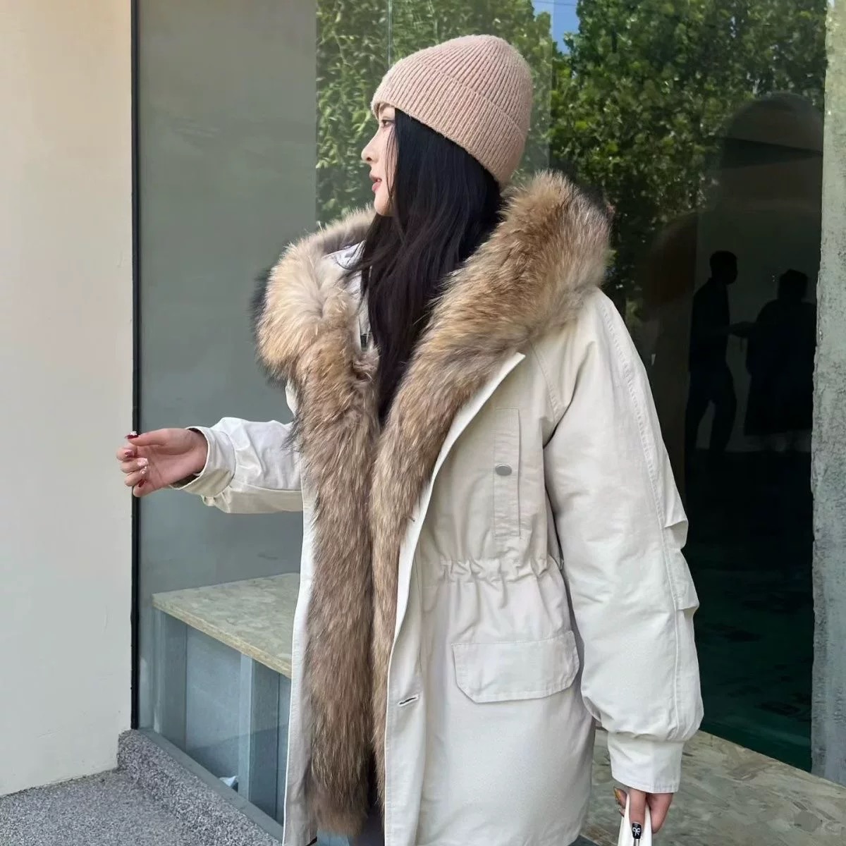 连帽厚款抽绳收腰型女派克服韩版保暖女款加鹅绒中长款大毛领大气