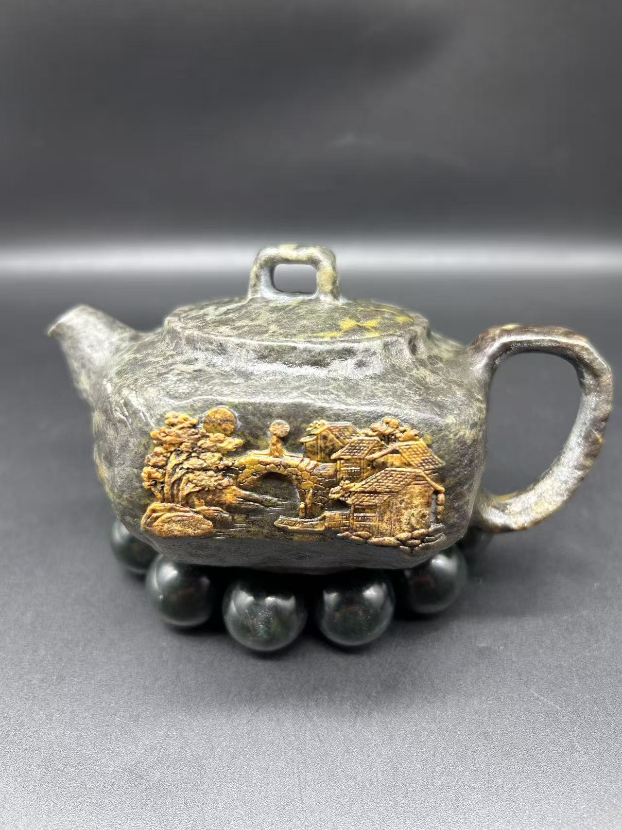 冰碛岩石壶黄豹纹四方壶《江南水乡》容量180毫升