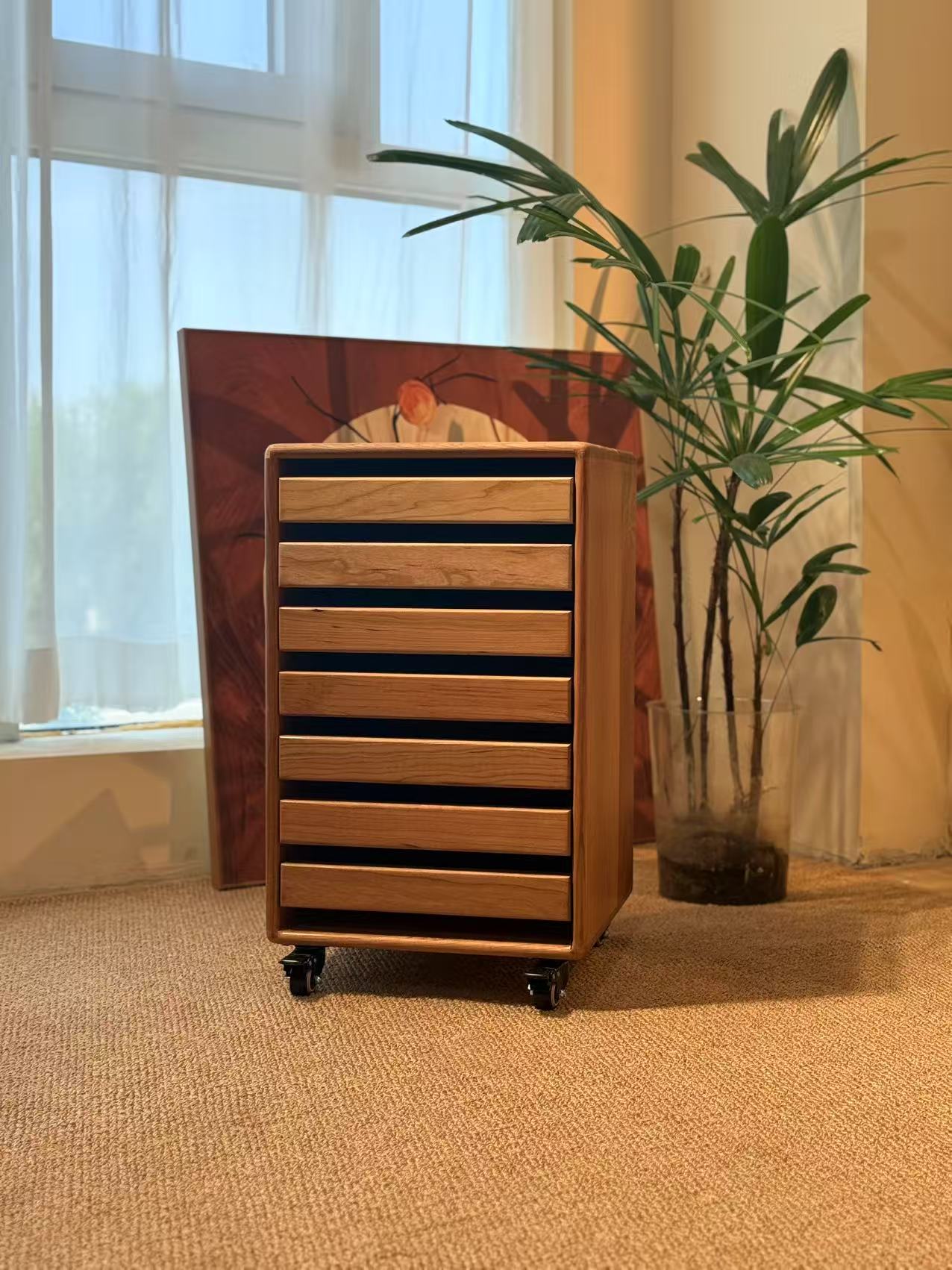 实木移动文件柜樱桃木可移动文件柜黑胡桃文件柜储物柜中式置物柜