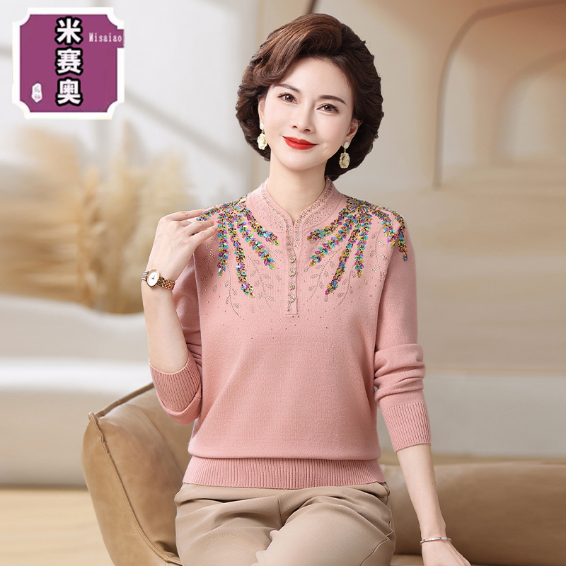 妈妈装时尚打底小衫2025春秋新款针织宽松上衣中老年女士长袖毛衣