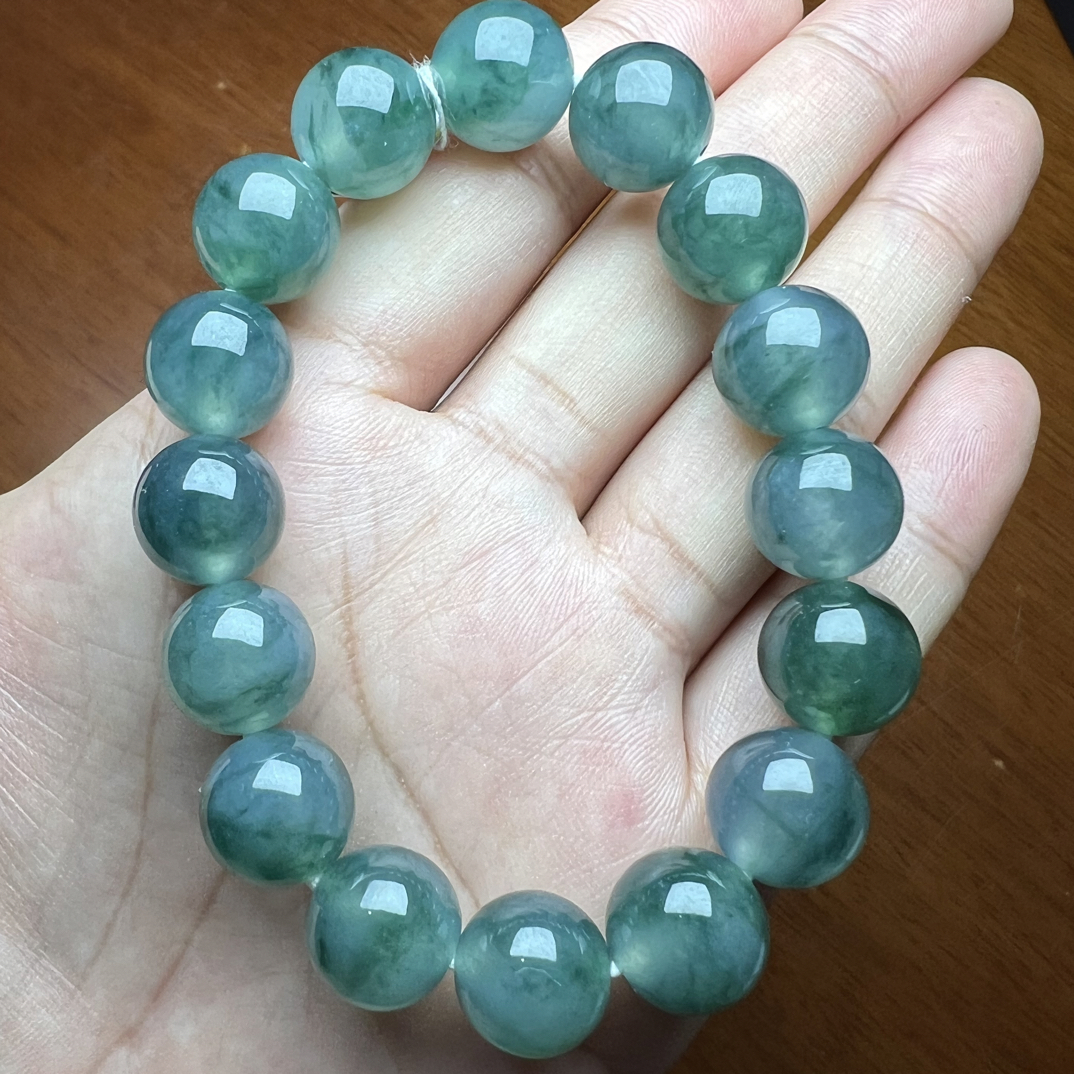 缅甸翡翠A货 糯冰种飘花男士手链12.6mm/16颗