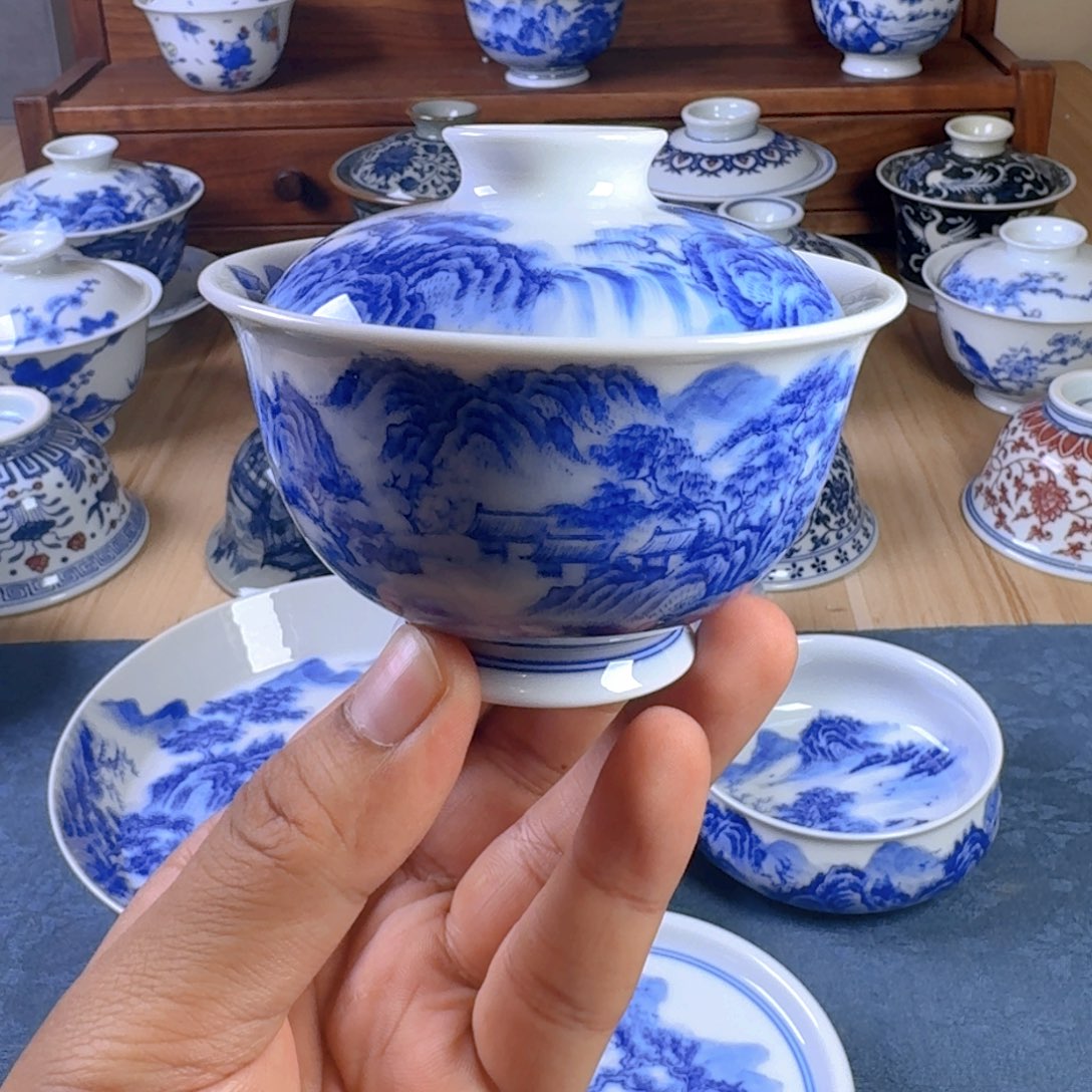 景德镇全手工手绘青花山水内外满绘两才盖碗