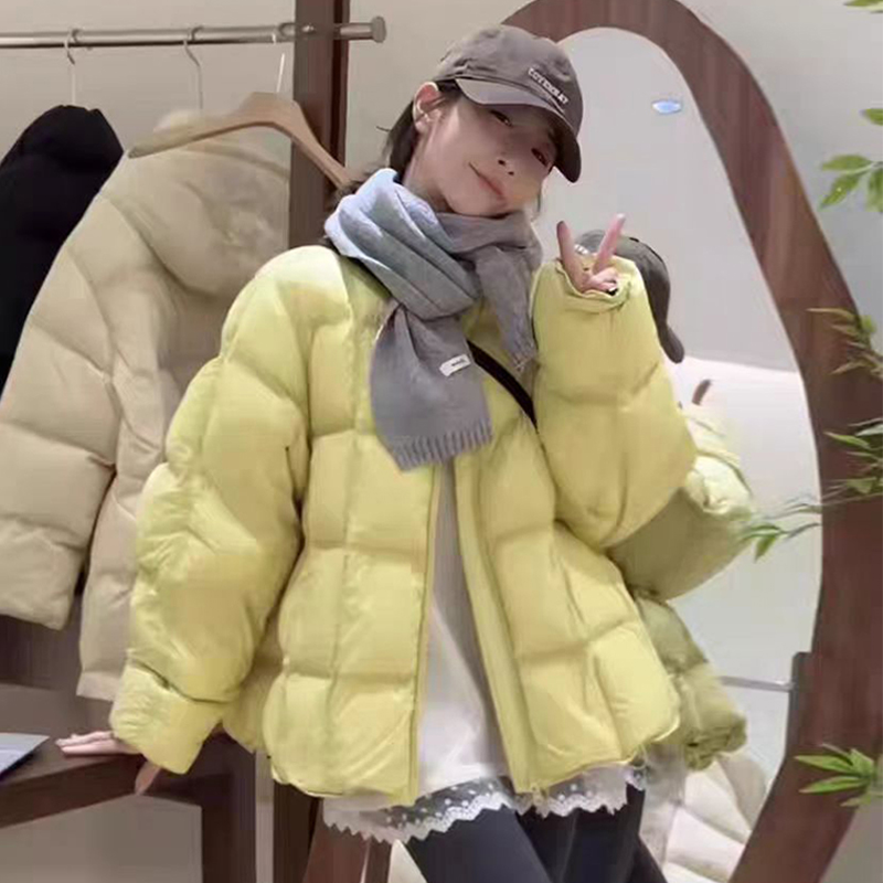 韩系方格圆领棉服2024冬季新款宽松百搭面包服外套上衣S1九-*6