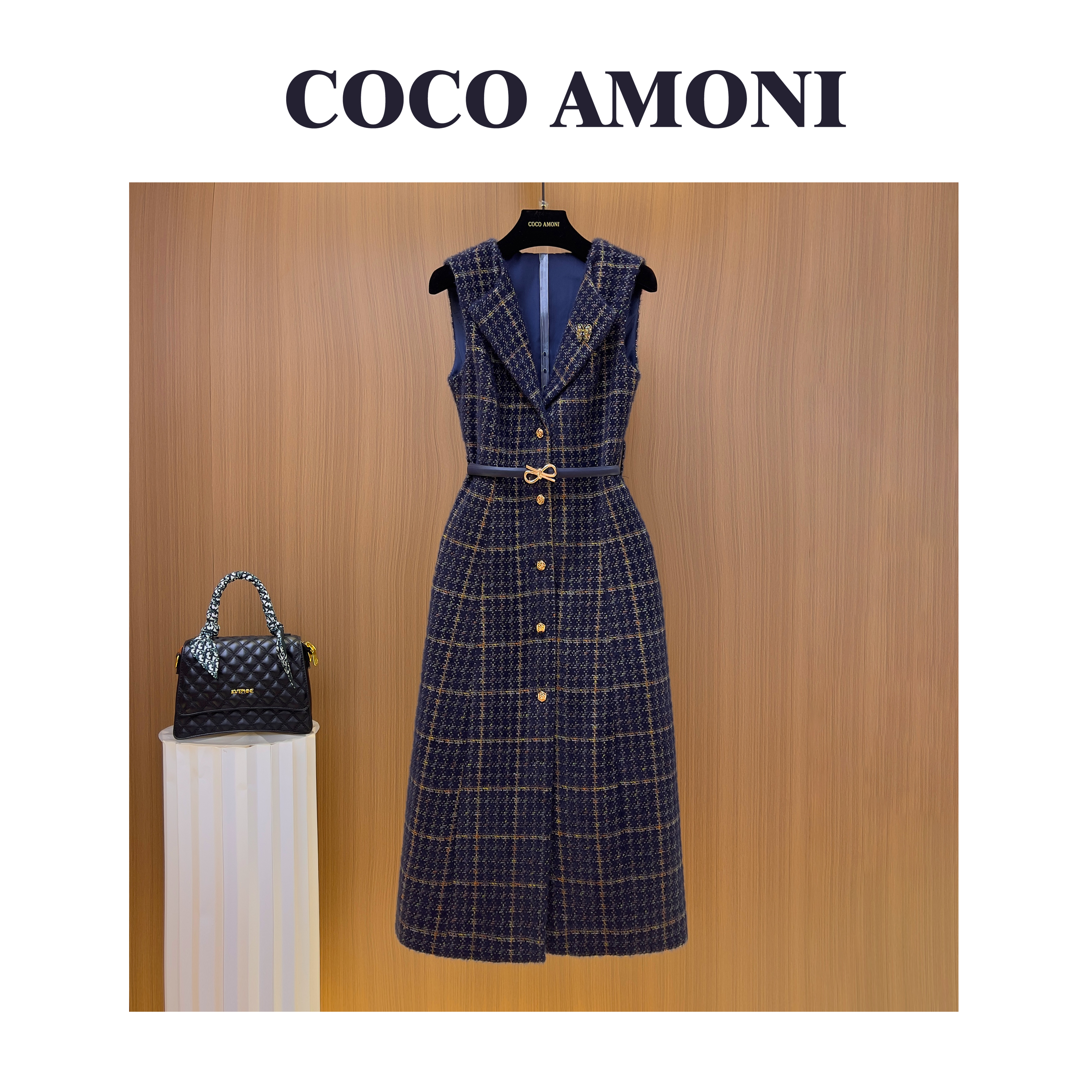 秋冬季时尚设计师爆款女装拼接收腰显瘦气质连衣裙WXH1169