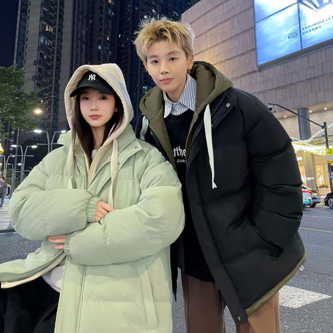 冬季加厚假两件男装外套百搭宽松加厚连帽免费夹克韩版保暖港风