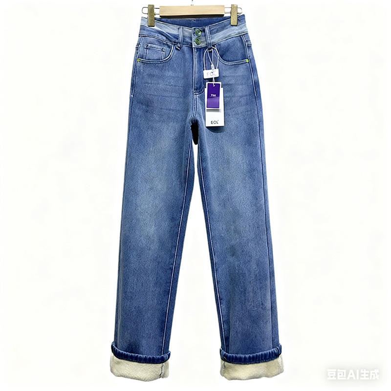 秋冬季女装高腰显瘦水洗时尚休闲做旧百搭刺绣加绒加厚直筒牛仔裤